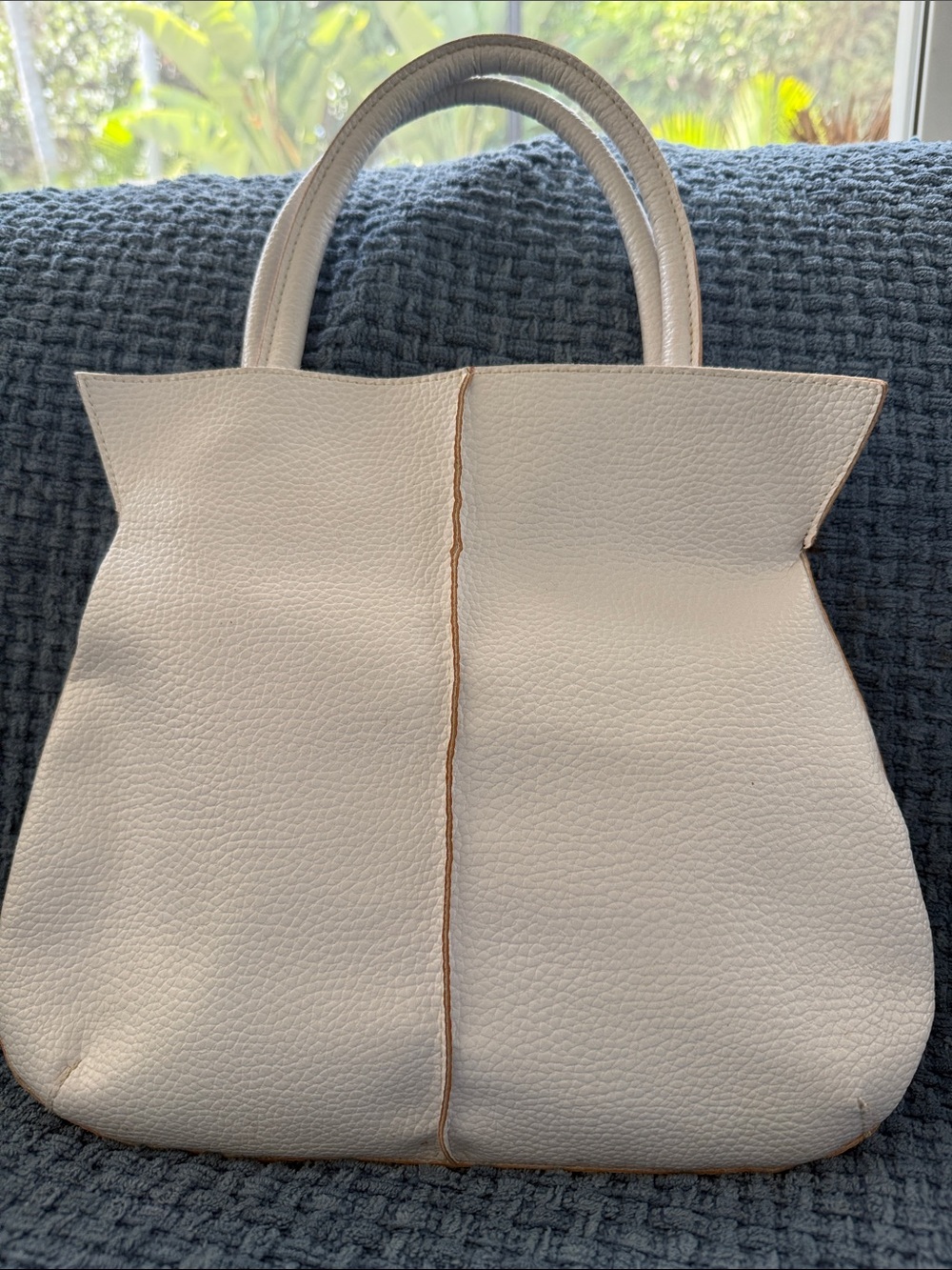 Structured Cream Pebbled Leather Tote with Top Handles